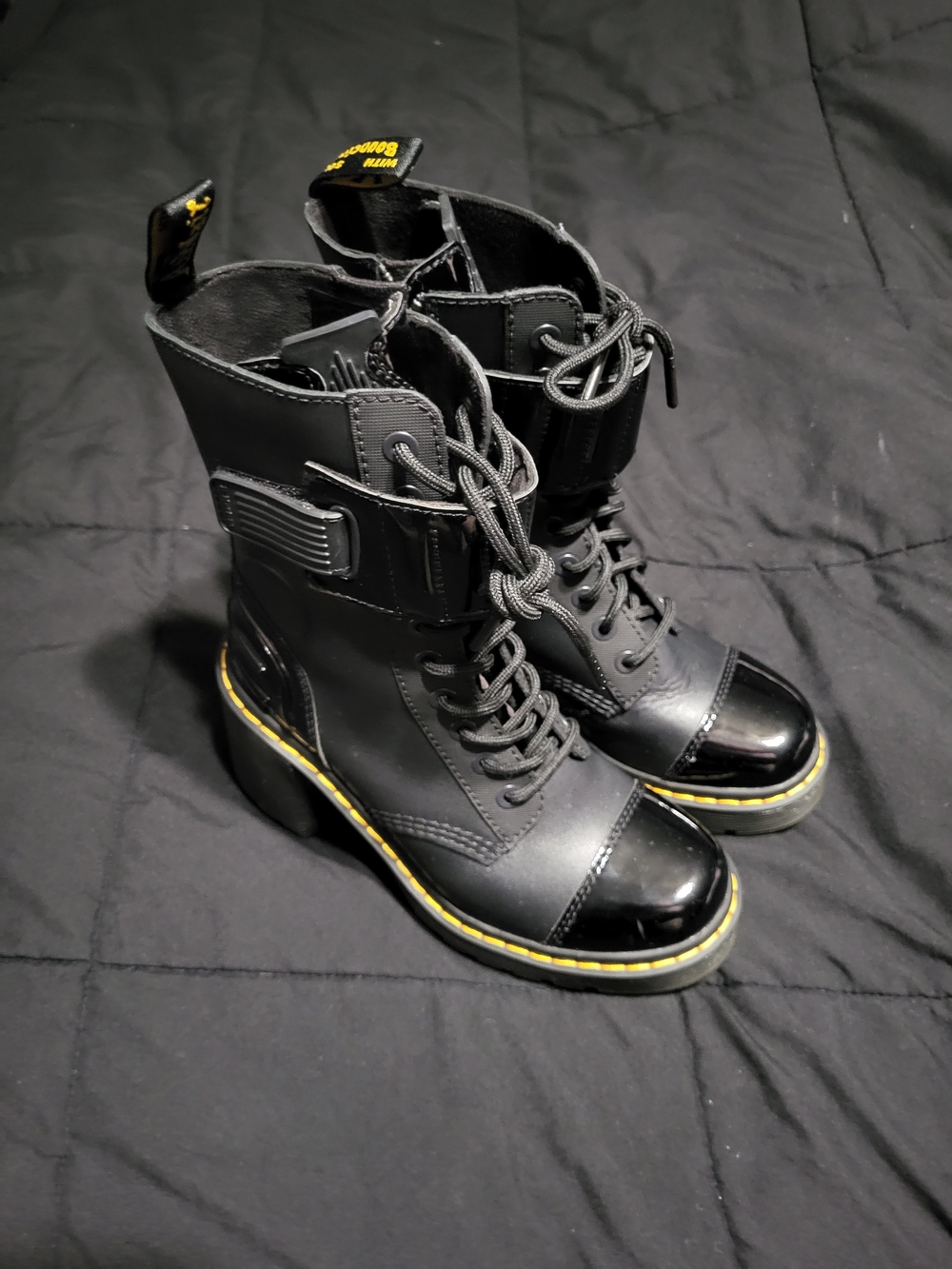 Dr. Martens Gaya Black Combat Boots with Yellow Stitching